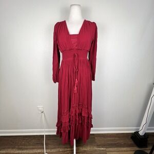 Red Maxi Dress Small Shakespeare Babydoll Ruffles Lace Smocked Layered Fair Boho